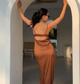 Satin V-Neck Spaghetti Strap Slip Dress-VS1395