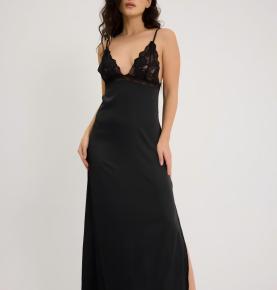 Lace Trim Satin Slit Long Slip Nightgown-VS1398