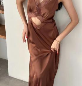 Lace Trim Cutout Waist Satin Maxi Slip Dress-VS1397