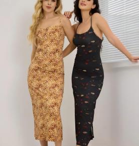 Printed Spaghetti Strap Bodycon Midi Sleep Dress-VS1399