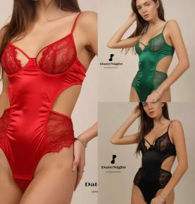 Satin Lace Cutout Tight Lingerie Bodysuit-9930