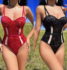 Contrast Stripe Waist Cincher Lace Underwire Lingerie Bodysuit-3929