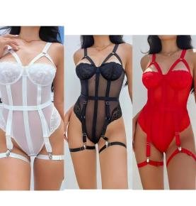 Underwire Lace Mesh Corset Bodysuit With Garter Straps-3699