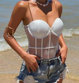 Metal Chain Strap Mesh Bone Corset Shapewear Bodysuit-3917