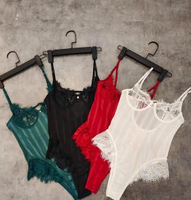 Vertical Stripe Mesh Eyelash Lace Strap Lingerie Bodysuit Four Colors-3081