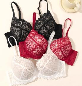 V‑Shaped Scalloped Lace Push‑Up Bra, Three Color Options-WX004