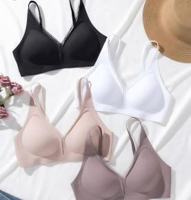 V‑Neck Lace Trim Seamless Soft Support Bra, Four Color Options-TJ12
